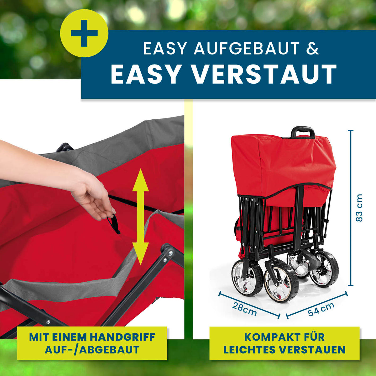 Faltbarer Bollerwagen - Rot, schnell auf- und zusammenklappbar, kompakt und praktisch für einfachen Transport und Lagerung.