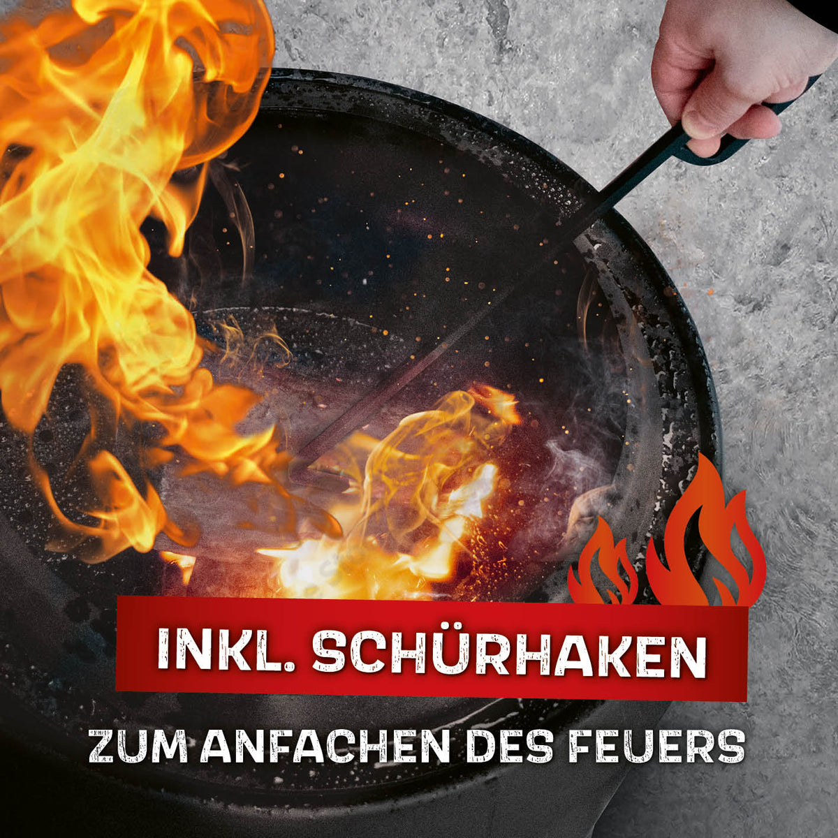 Raucharmer Feuerkorb Ø 50 cm - rund - schwarz mit Schürhaken, doppelwandig, raucharm, wetterfest, sicherer Stand, 360° Luftzirkulation.