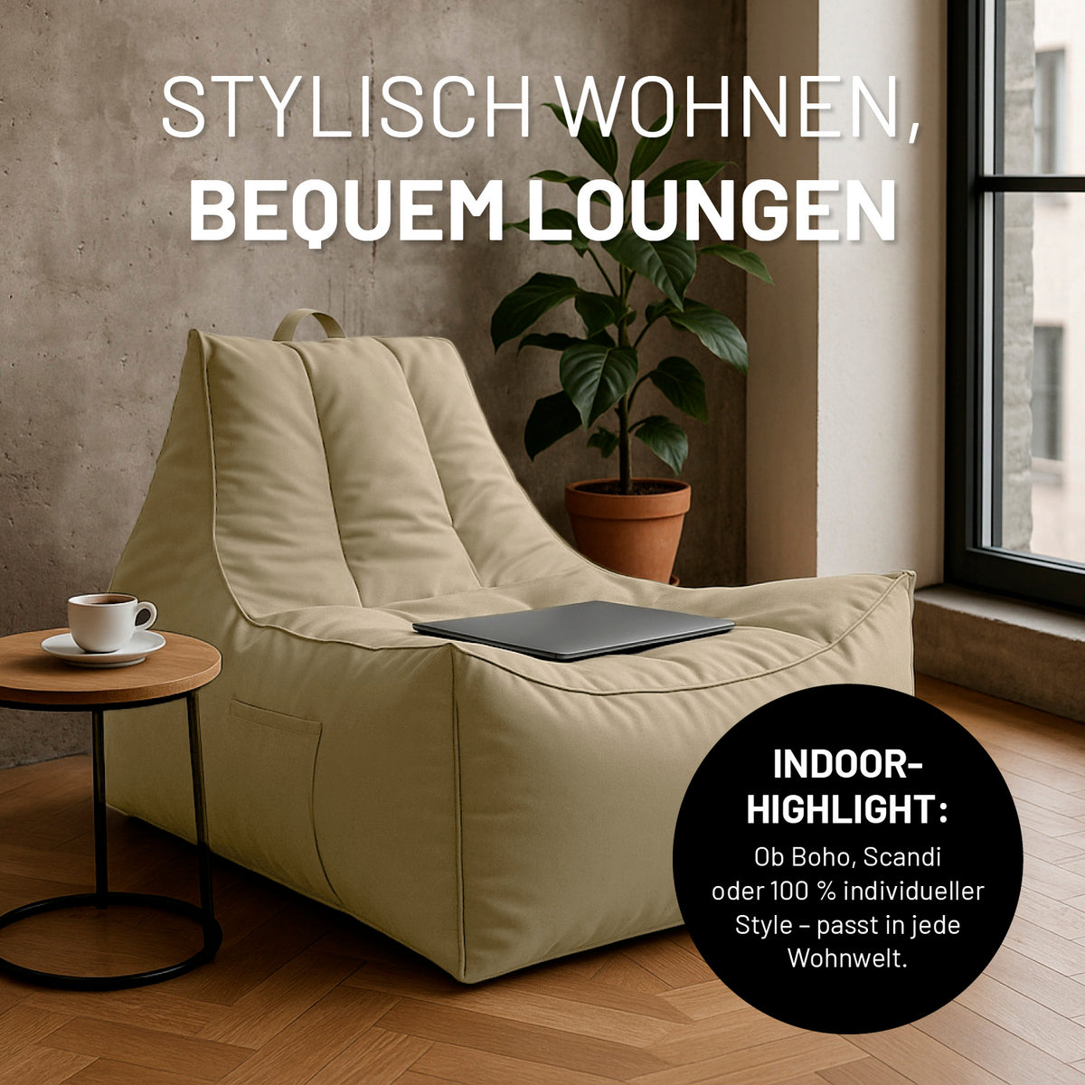 Premium Lounge-Sessel - 380 L - 100 x 100 x 80 cm - Beige in modernem Wohnraum mit großer Sitzfläche und seitlicher Tasche für Komfort.