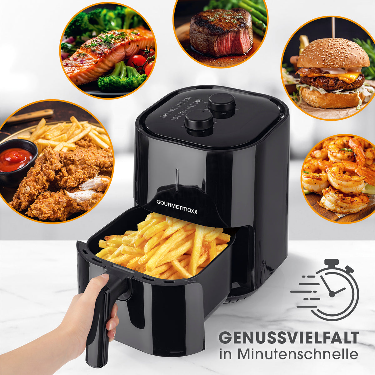 Heißluft-Fritteuse Mechanisch 3,6l - Schwarz mit 3,6 l Frittierkorb für fettarmes, vielseitiges Frittieren, Grillen und Backen.