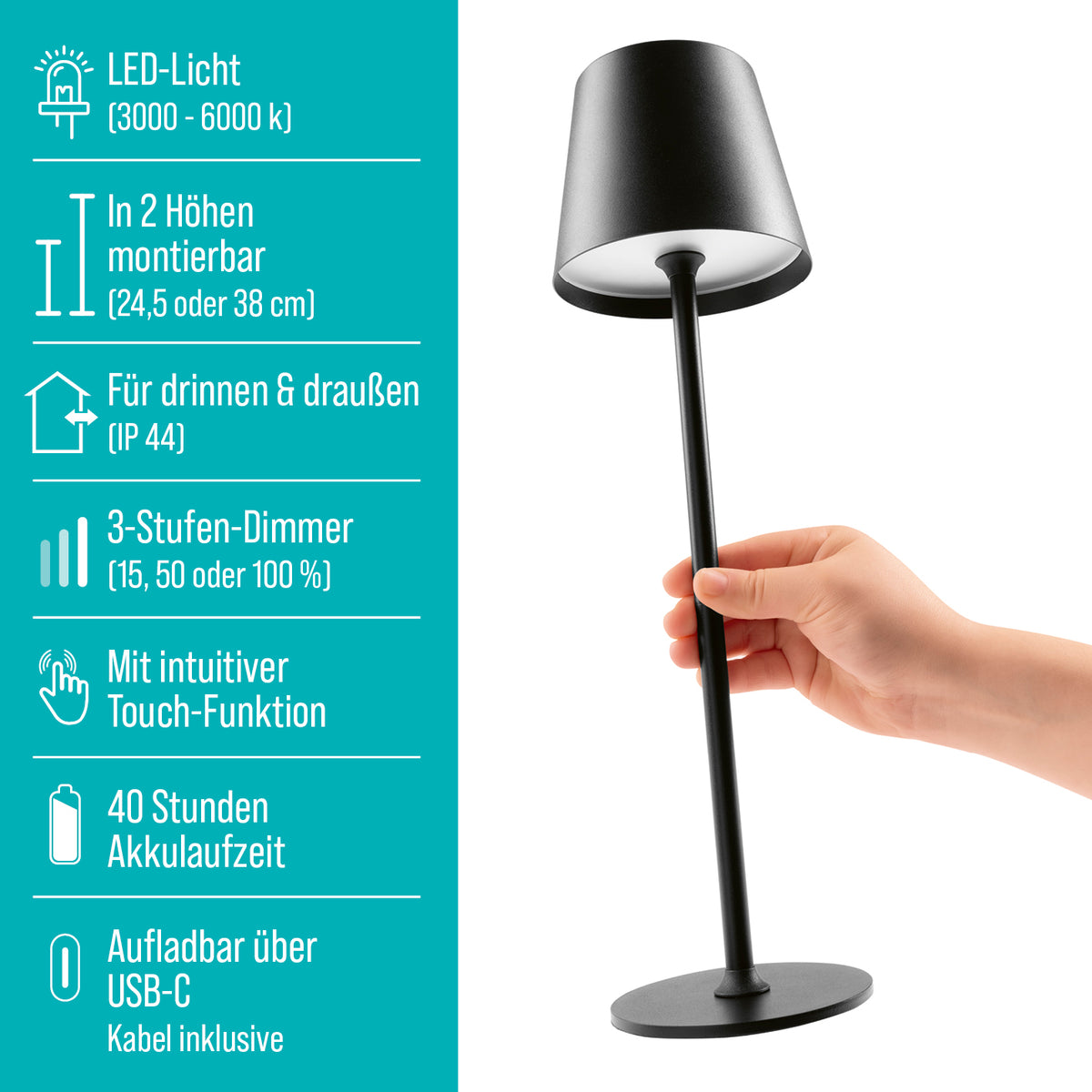 LED-Akku-Tischleuchte mit dimmbarem warmweißem Licht, Touch-Funktion, 2 Höhen, kabellos, IP44 für Innen & Außen, USB-C aufladbar.