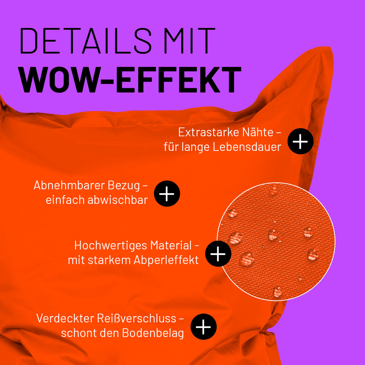 Sitzsack Classic XXL (380 L) in Orange mit extrastarken Nähten, abnehmbarem Bezug und starkem Abperleffekt für drinnen & draußen.