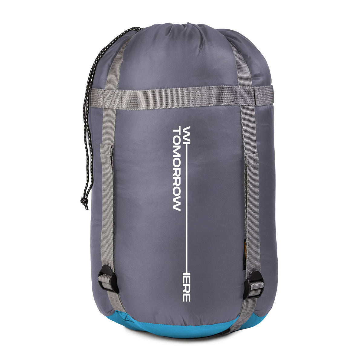 Camping Schlafsack Classic - Mumienschlafsack mit Tasche, kompakt verpackt in grau-türkis, ideal für Outdoor und Reisen.