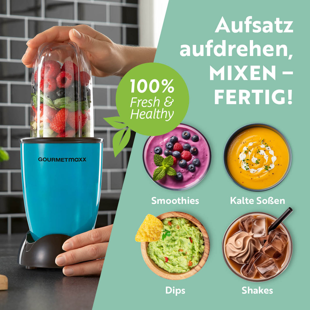Mr. Magic Power 400 Pro Basis-Set M Grün/Schwarz mit Edelstahl-Kreuzklingenaufsatz und 400-W-Motor für Smoothies, Shakes und Dips.