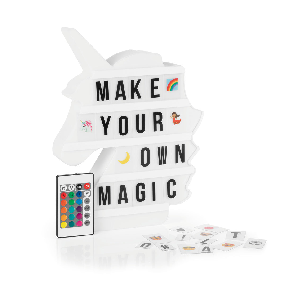 LED-Leuchtkasten Einhorn - 173 Buchstaben & 150 Moodjis für individuelle Textbotschaften in Einhorn-Form mit LED-Farbwechsel und Fernbedienung.