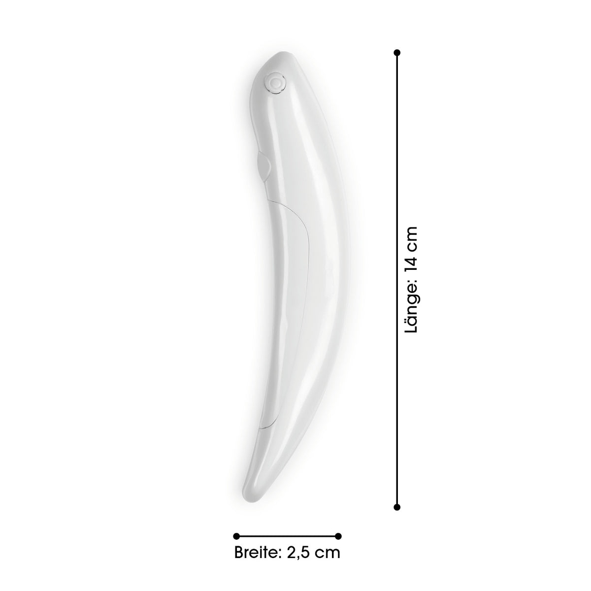 Verzier-Stift für Speisen und Getränke inkl. Batterien & Messlöffel in weiß mit Maßen 14 cm Länge und 2,5 cm Breite.