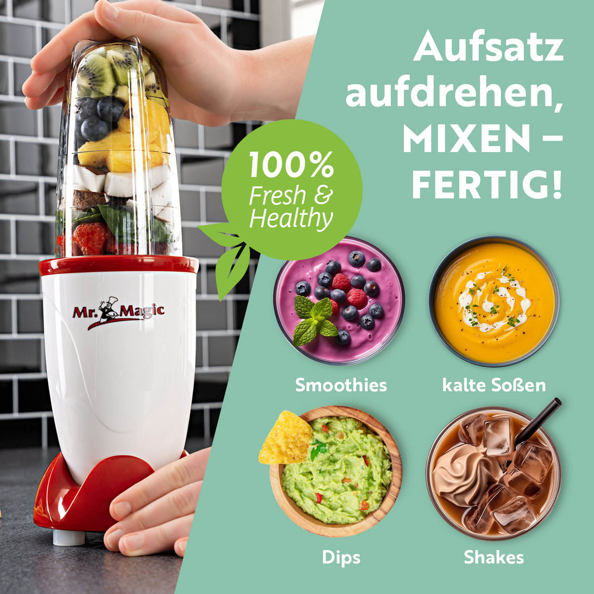 Mr. Magic Mixer - Weiß/Rot kompakter Standmixer für Smoothies, Shakes, Dips und kalte Soßen mit 250-Watt-Motor.
