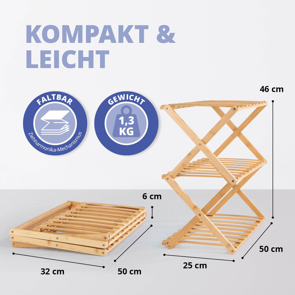 Bambusregal mit 3 Etagen, faltbar, leicht 1,3 kg, kompakt, 3 Ablagen, platzsparend, ideal für Schuhe und Haushaltsartikel.