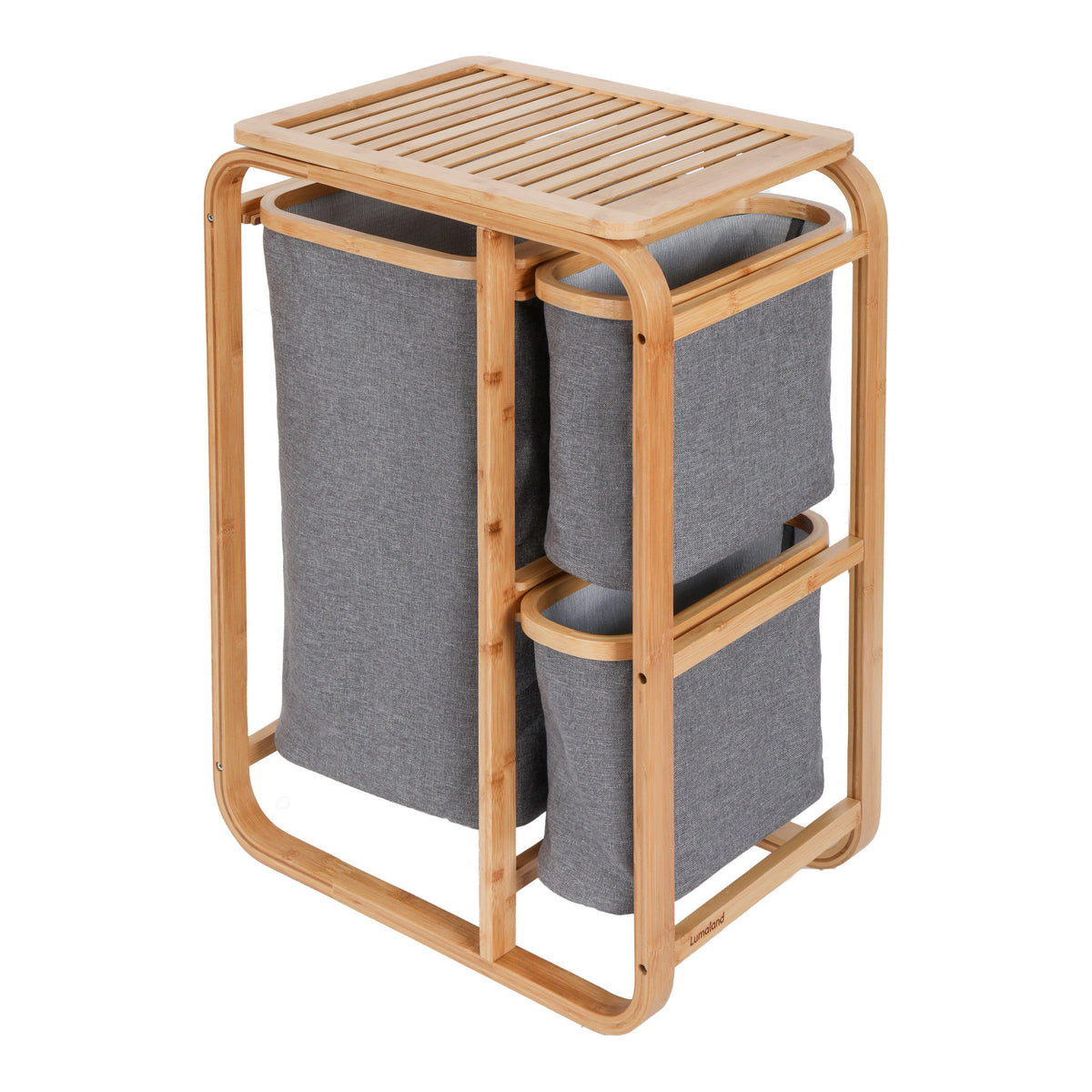 Bambus Wäschekorb - 1 XL Fach + 2 Kompaktfächer in Grau mit abnehmbaren Wäschesäcken und stabiler Ablagefläche, ca. 49,5 x 33 x 71 cm.