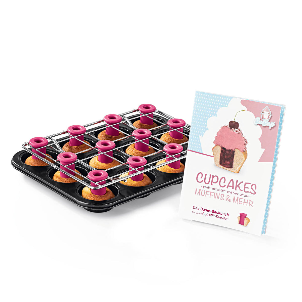 CuCap Back-Set für Cupcakes, Muffins & Mehr mit praktischer Zentrierhilfe und Rezeptbuch, erleichtert das Backen und Füllen.