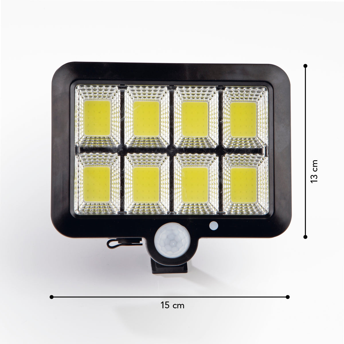 Solar-Strahler mit Bewegungsmelder mit 8 COB-LEDs, separatem Solarpanel und Dämmerungssensor, Größe 15x13 cm.