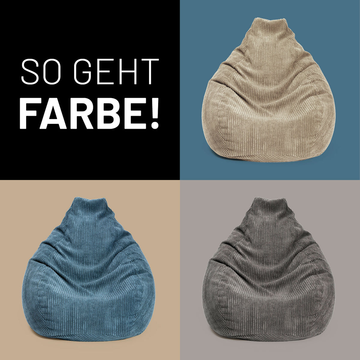 Sitzsack GIANT aus der Cord-Reihe - Beige, großer 400-L-Sitzsack mit geripptem Stoff und trendigem Vintage-Look für gemütliches Wohnen.