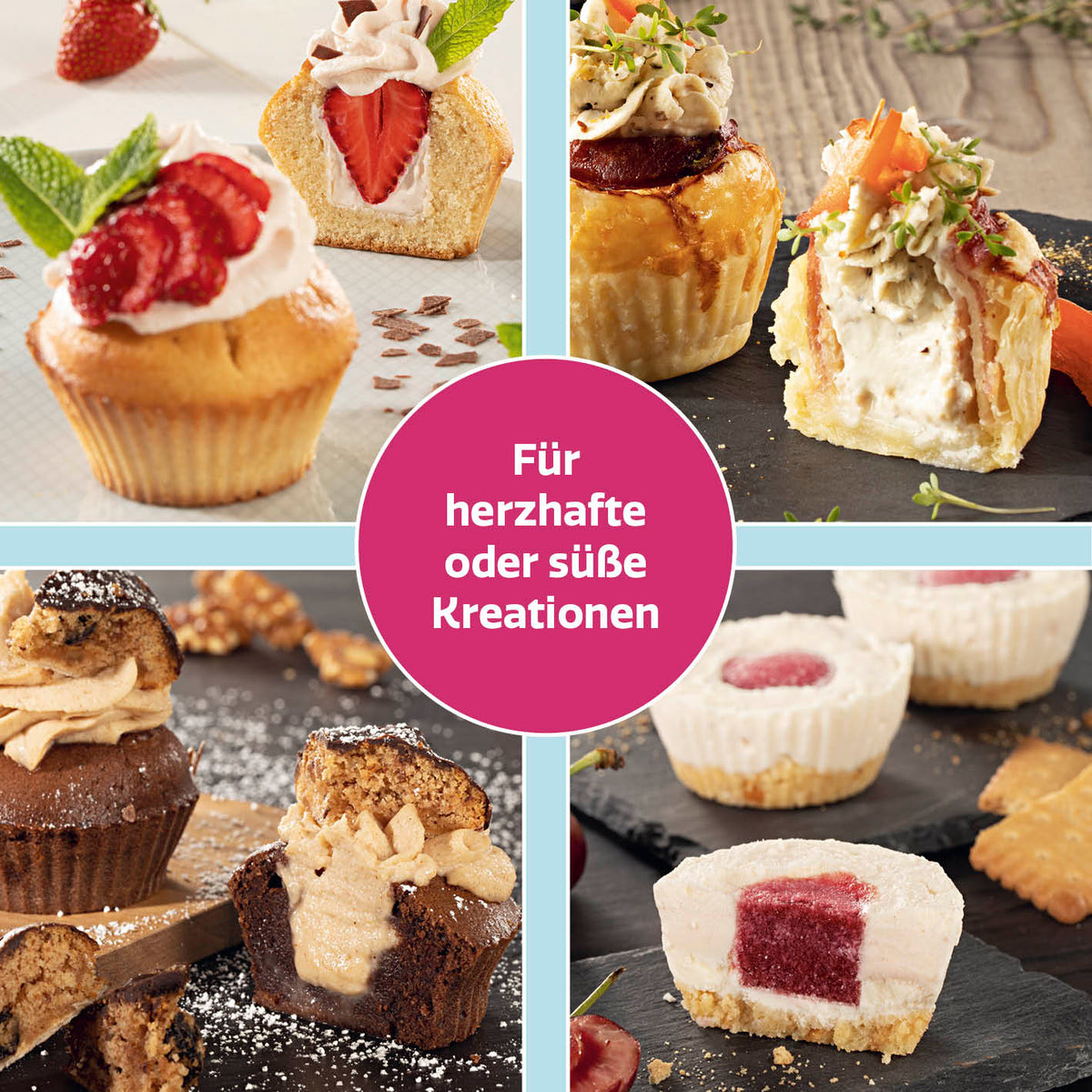 Backblech mit Zentrierhilfe für Muffins & Cupcakes zum gleichmäßigen Backen und Füllen von süßen und herzhaften Küchlein.