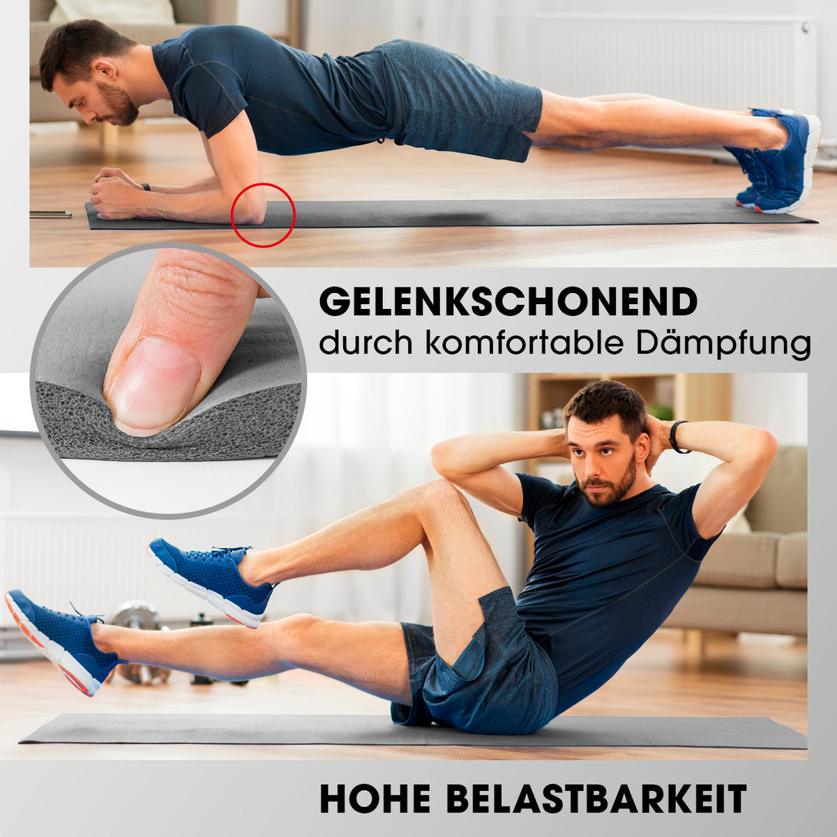 Fitness- und Gymnastikmatte - 190 x 100 x 1 cm - Grau mit rutschfester, gelenkschonender Dämpfung und hoher Belastbarkeit für Indoor- und Outdoor-Training.