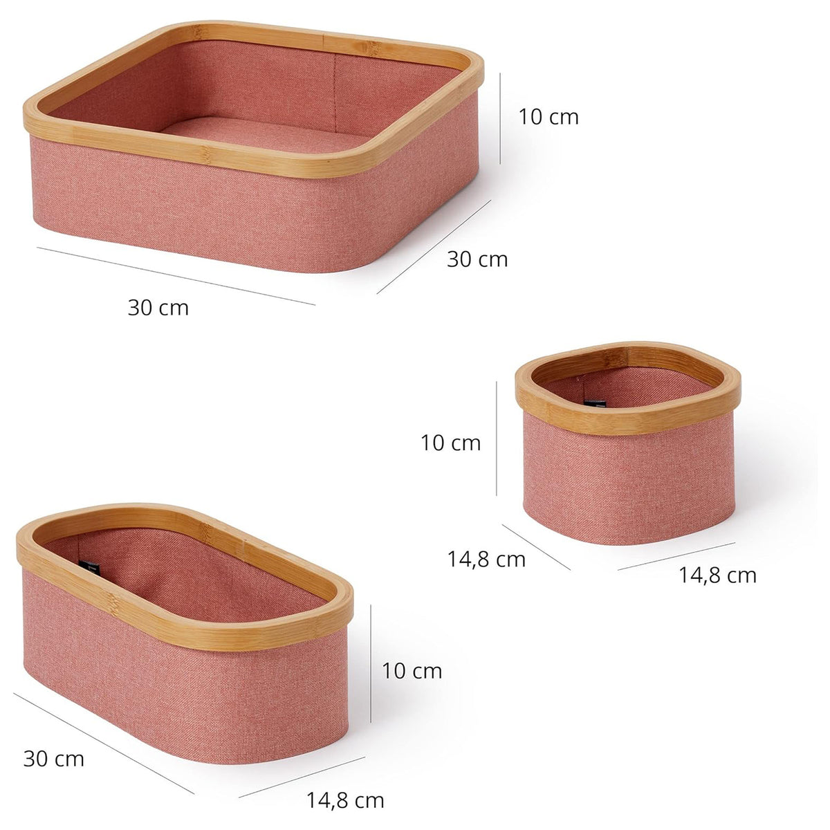 Aufbewahrungsboxen mit Bambus-Rahmen - 4er-Set - Rosa, verschiedene Größen, stapelbar, robust und pflegeleicht von LUMALAND.