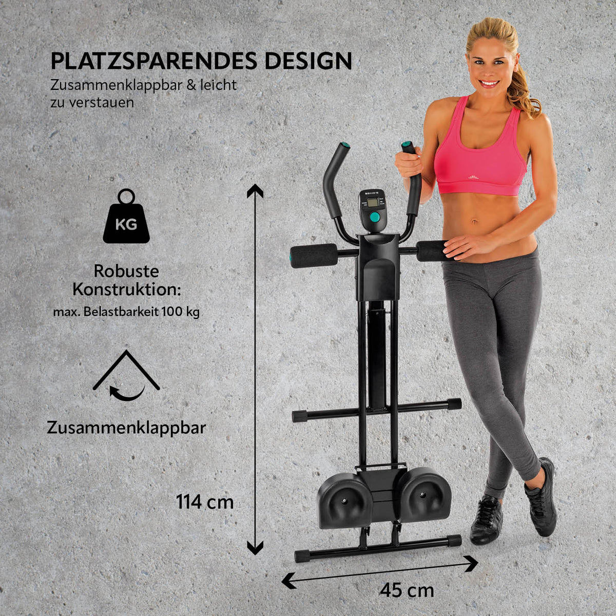 Frau zeigt platzsparendes, zusammenklappbares Trainingsgerät fitmaxx 5 mit robustem Design und 5 Schwierigkeitsstufen für Ganzkörpertraining