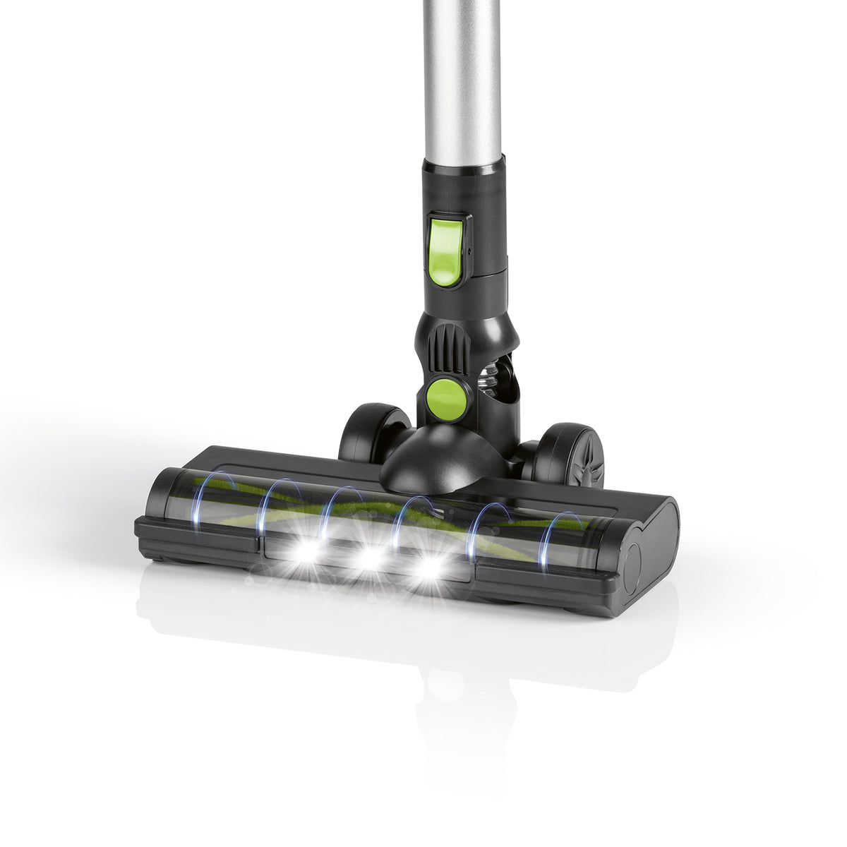 Akku-Zyklon-Staubsauger - schwarz/grün mit LED-Bodendüse, rotierenden Borsten und Aluminiumrohr für effektive Reinigung.
