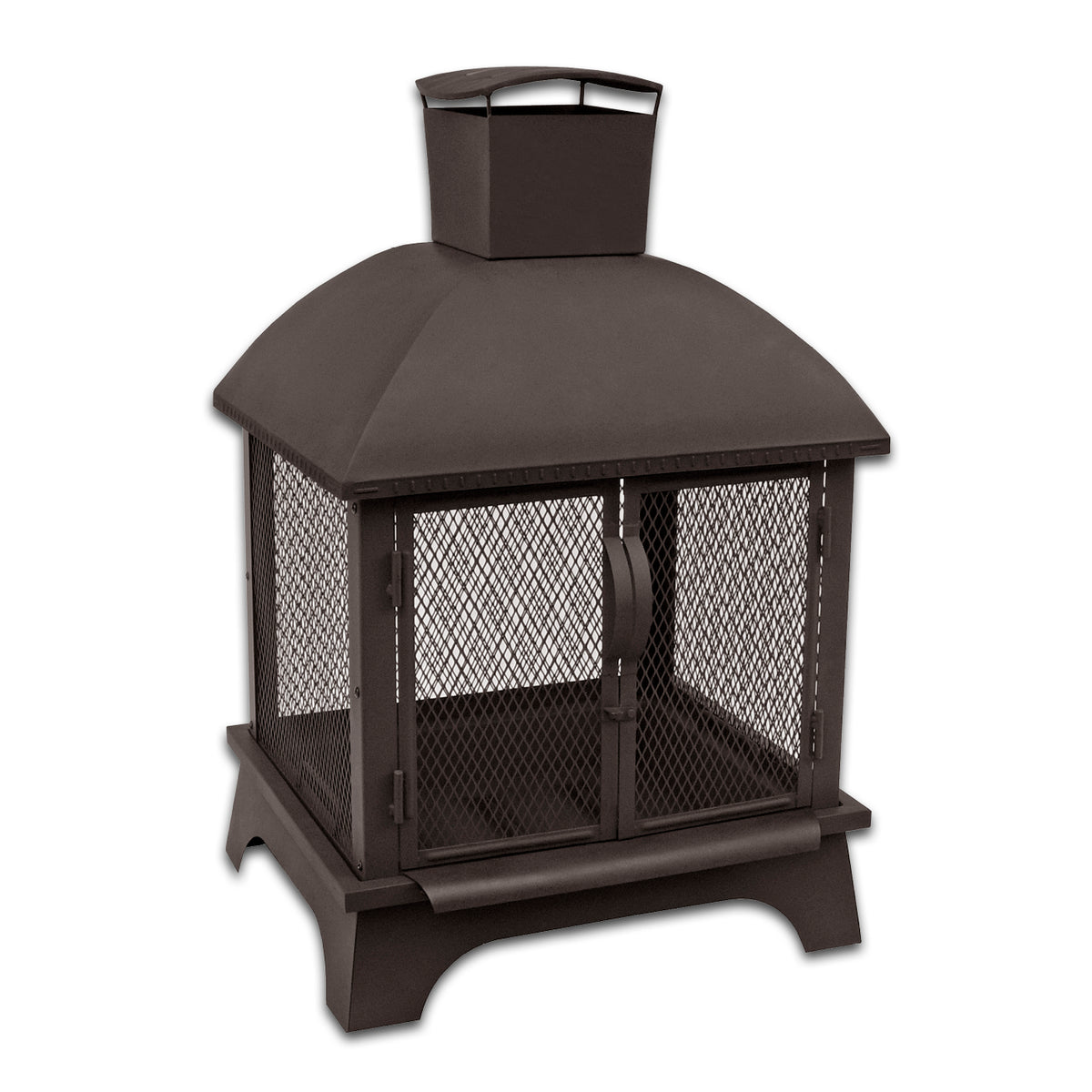 Feuerkorb FP-I-660 - 66 cm schwarz mit Kamin-Optik, Gitternetz, Doppeltüren und Schornstein für optimalen Rauchabzug.