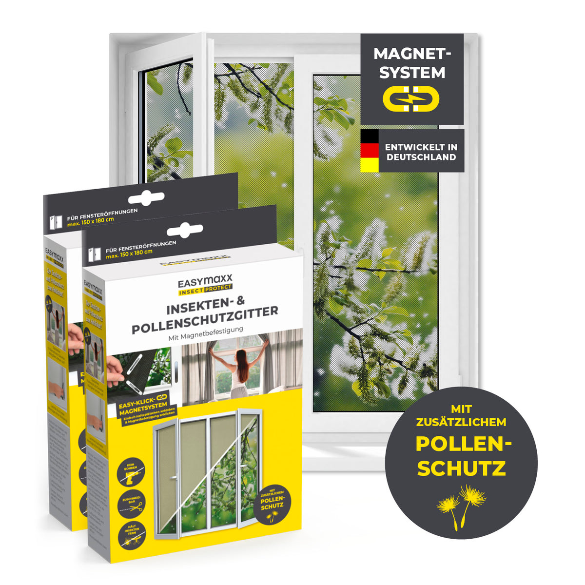 Insekten- & Pollenschutzgitter mit Magnetbefestigung - 2er-Set - 150 x 180 cm - Schwarz, fliegenschutz und pollenschutz für fensterrahmen.