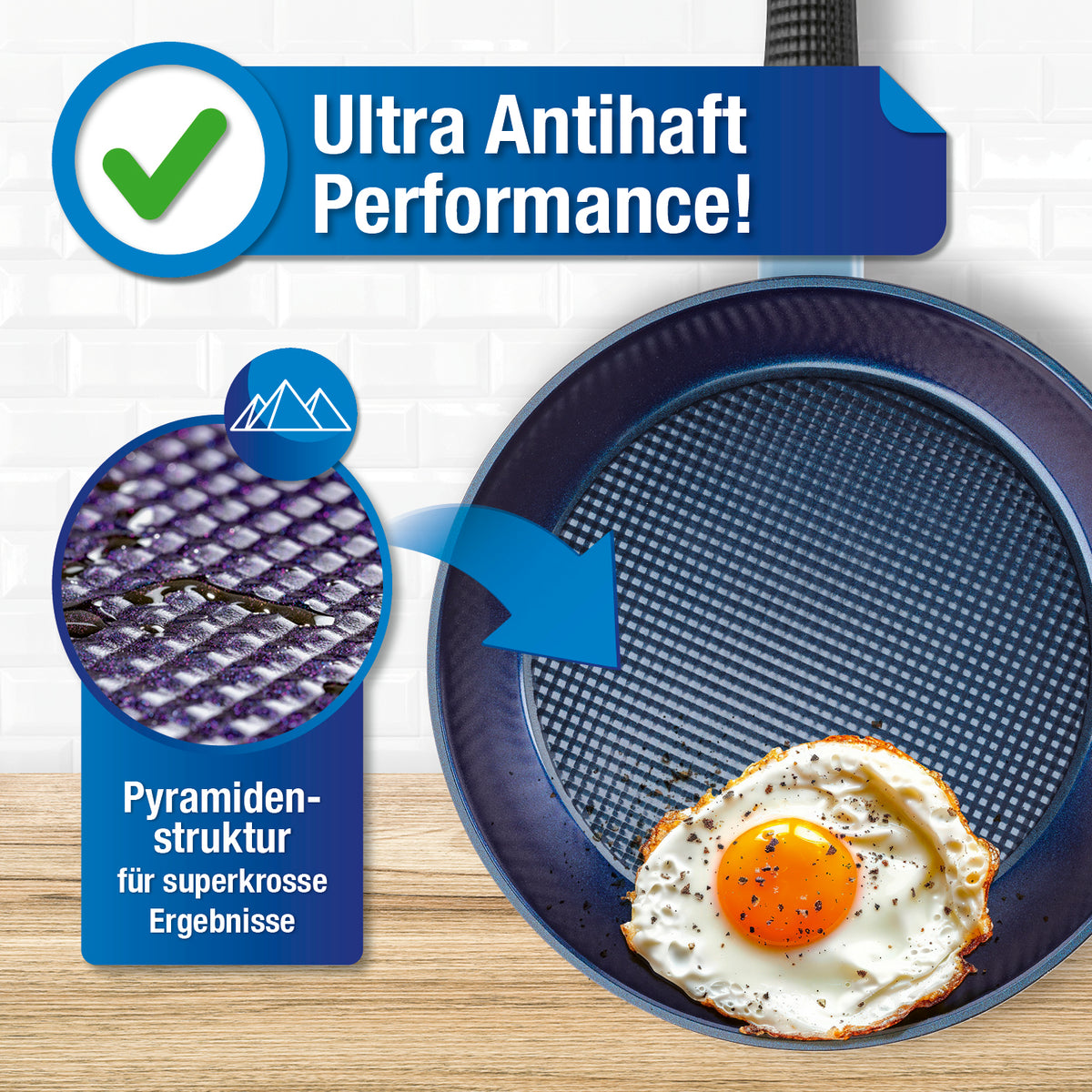 Aluminium-Bratpfanne Ø 24 cm mit pyramidenförmigem Antihaftboden für fettarmes Braten und perfekte Bratergebnisse.