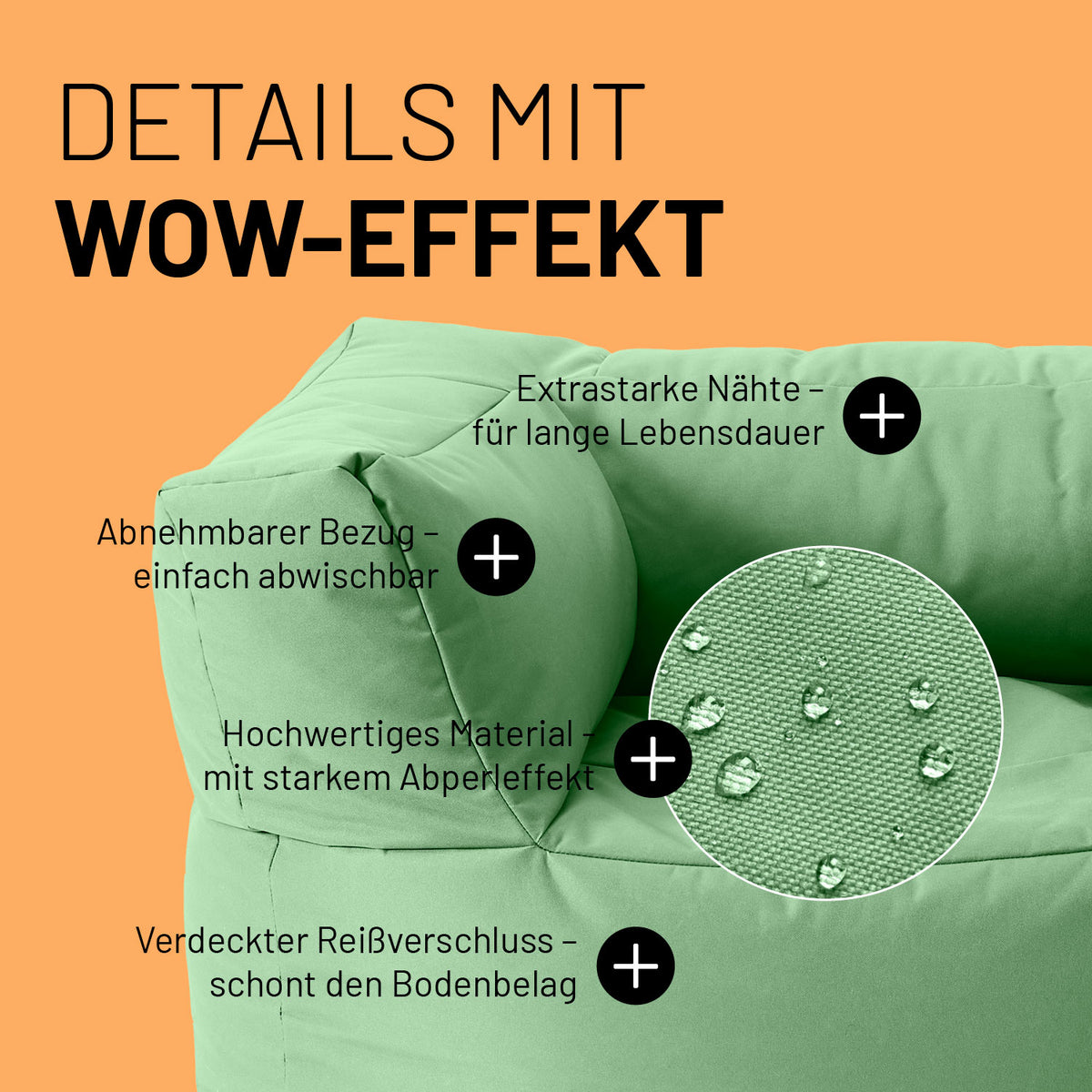 Sitzsack-Sofa Sessel (400 L) - Modulares System - indoor & outdoor - Pastell Grün mit abnehmbarem Bezug und wasserabweisendem Material