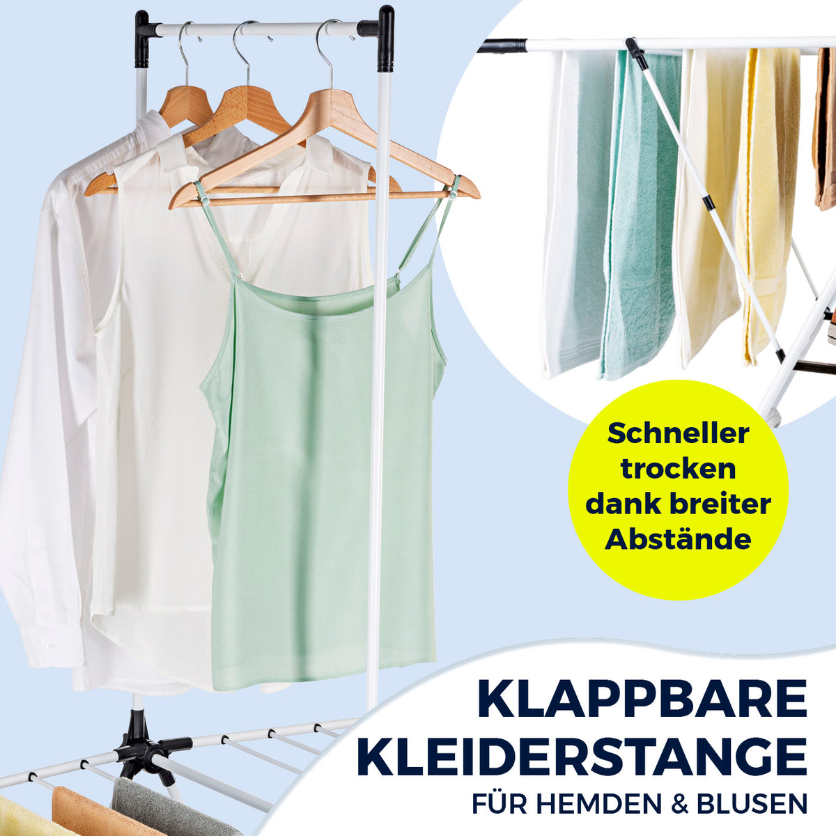 Falt-Wäscheständer 1800 mit klappbarer Kleiderstange zum faltenfreien Trocknen von Hemden und Blusen, platzsparend und robust.