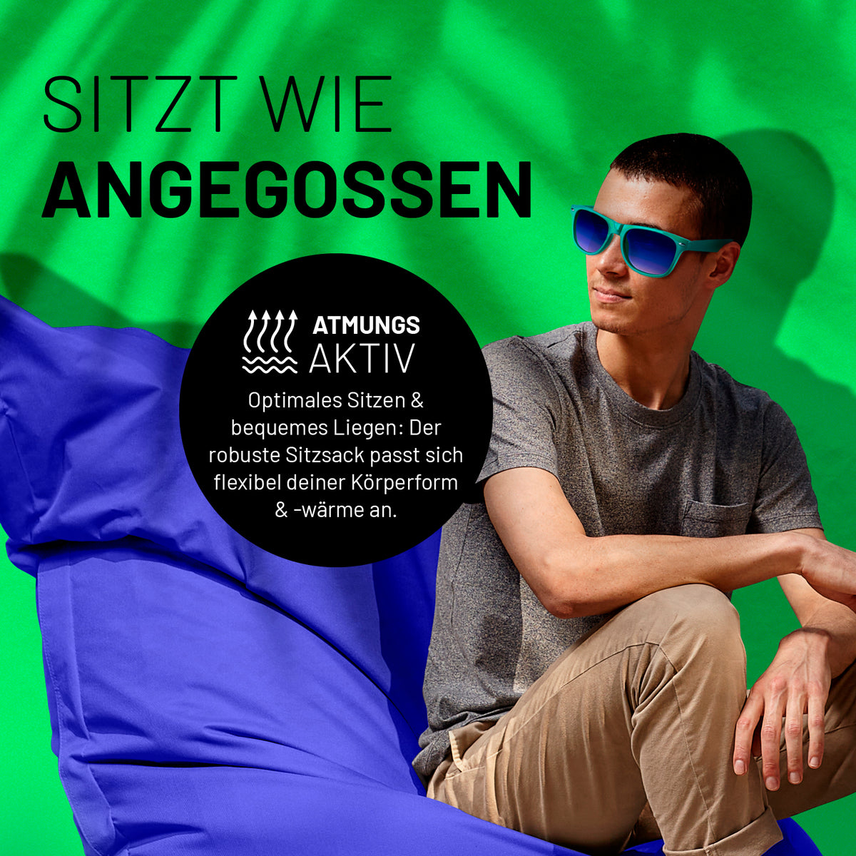 Sitzsack Classic XXL (380 L) in Royalblau, atmungsaktiv, flexibel anpassbar, ideal für drinnen und draußen, robust mit extrastarken Nähten.
