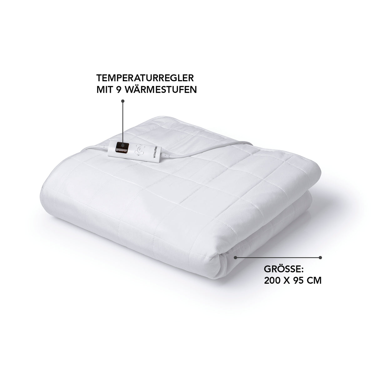 Wärmeunterbett - 9 Wärmestufen - 200x95x30cm - weiß mit Temperaturregler und Timer, passend für Einzelbetten.