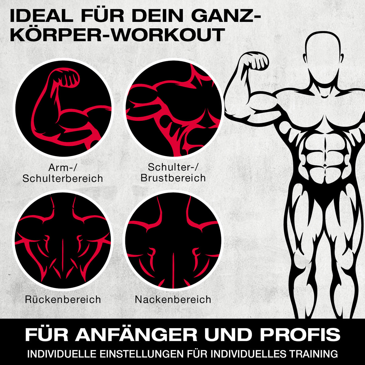 Multifunktionshantel zeigt Trainingsbereiche für Arme, Schultern, Brust, Rücken und Nacken – ideal für Anfänger und Profis.