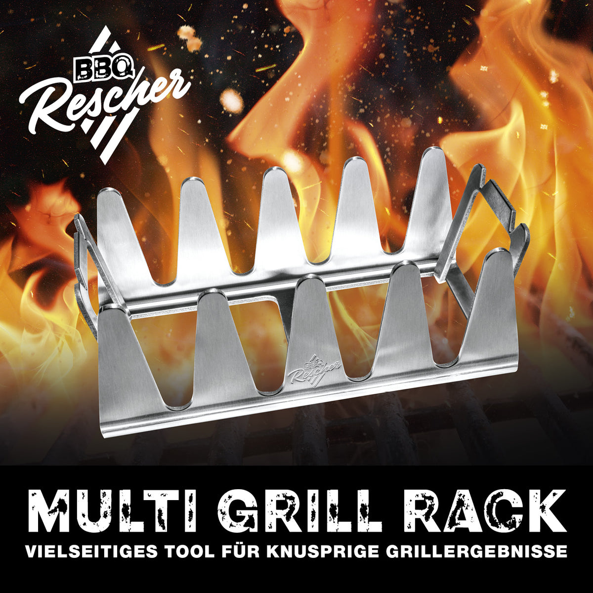 Multi-Grillständer aus Edelstahl zum indirekten Garen und Fixieren von Grillgut für saftiges Fleisch und krosse Krusten.