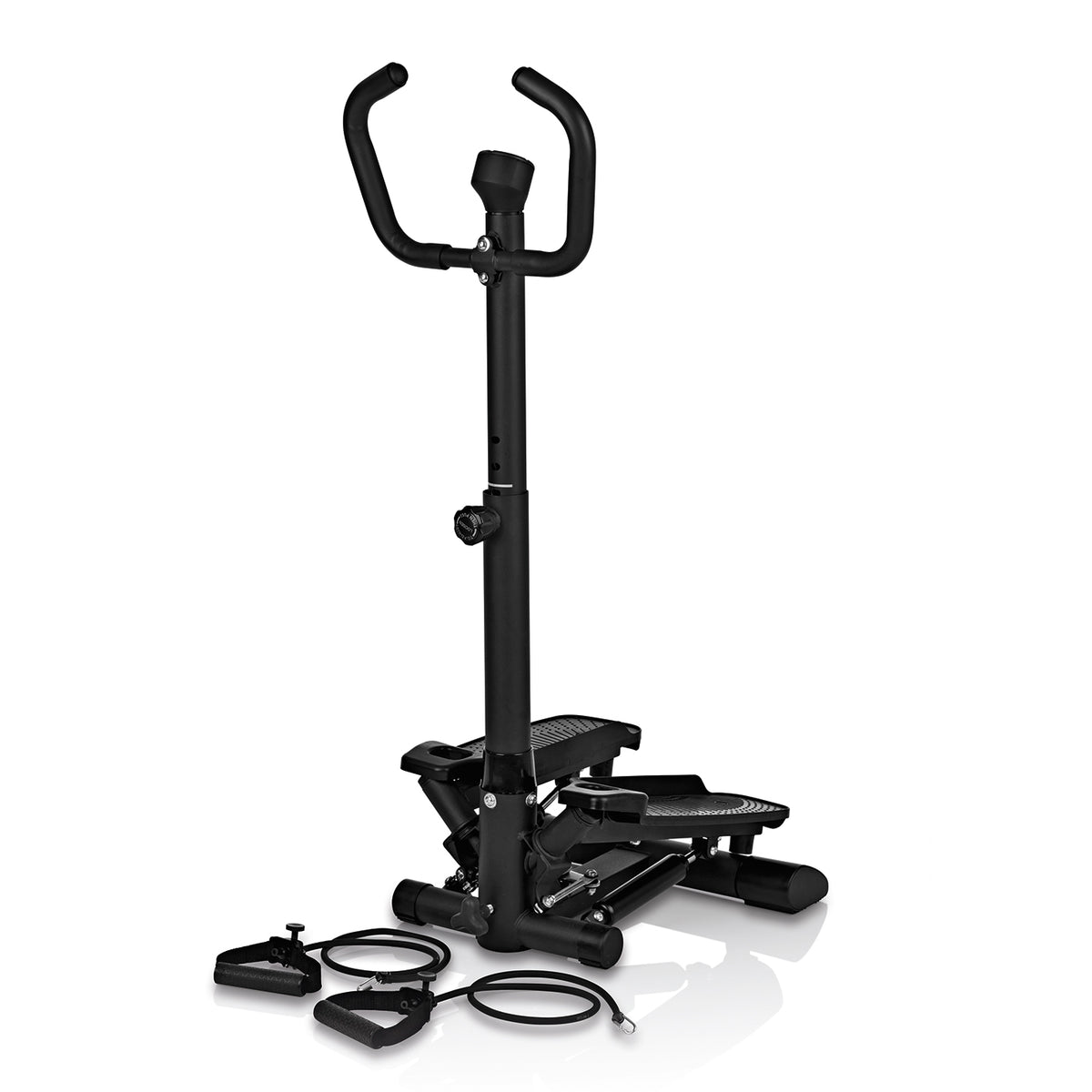 Fitnesstrainer Swing Stepper mit 2 Expanderbändern, höhenverstellbarer Handgriff, Trainingscomputer mit LC-Display, kompaktes Ausdauergerät.