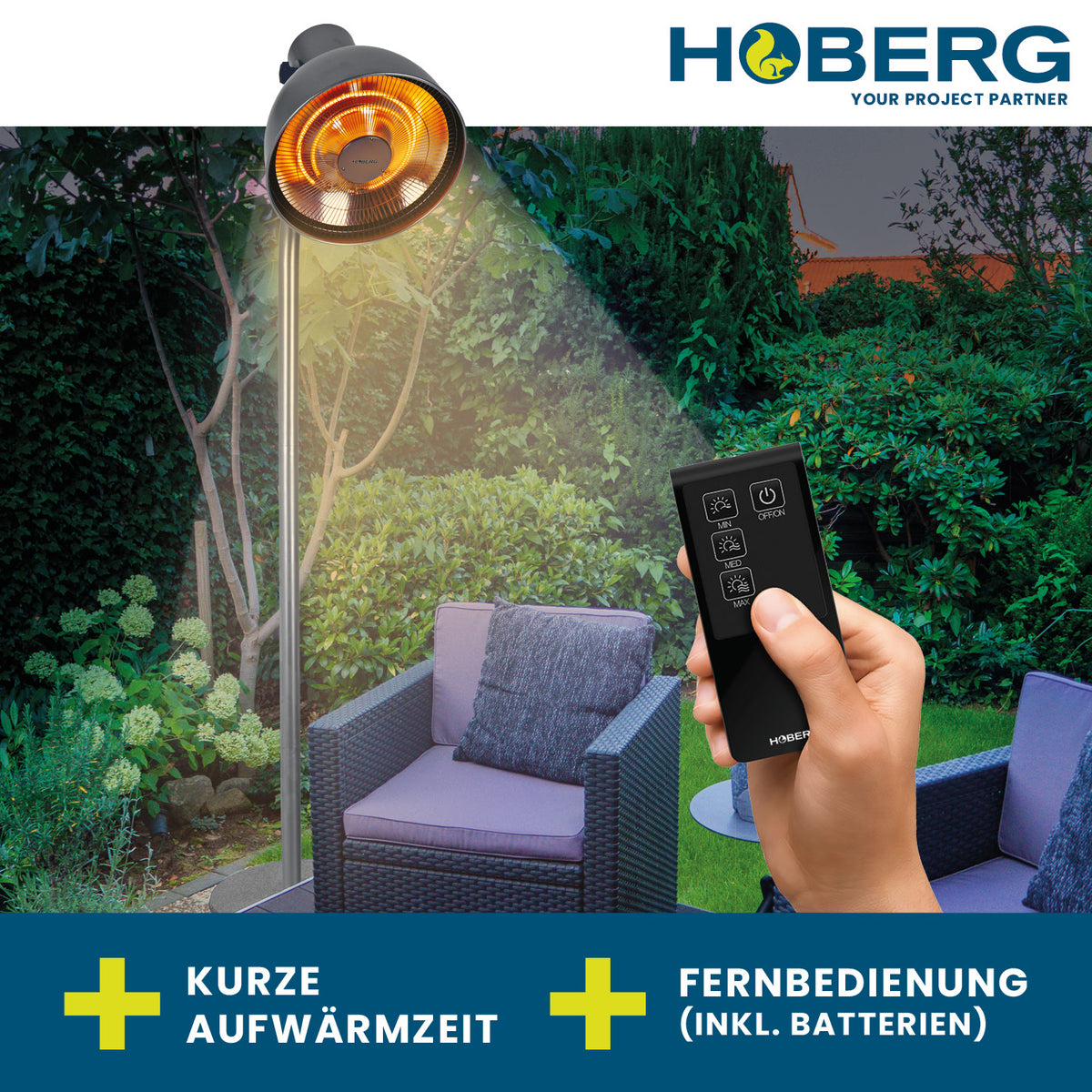 Infrarot-Heizstrahler mit Standfuß im Lampen-Design, 3 Heizstufen, Fernbedienung, für drinnen und draußen geeignet.
