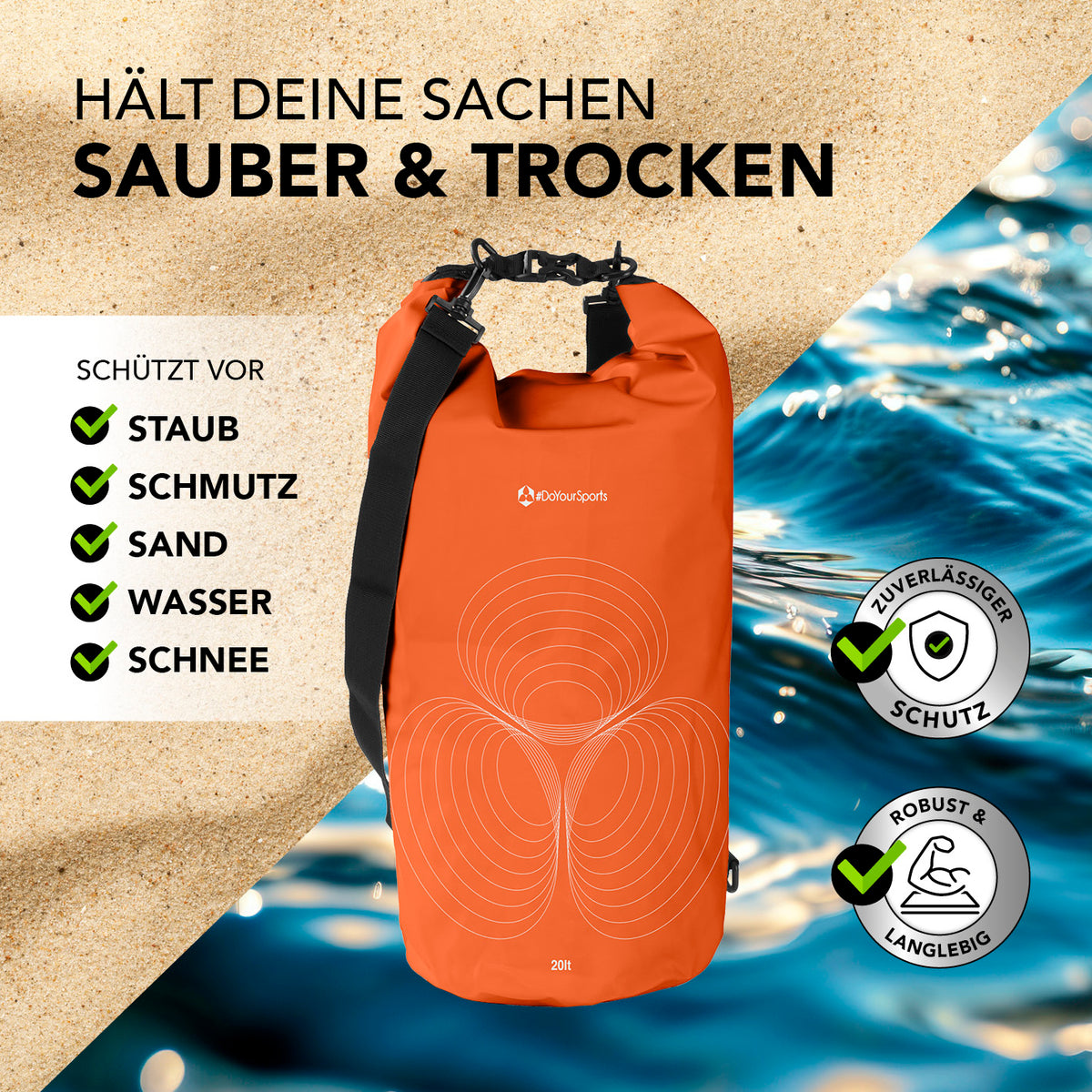 Dry Bag 20L - Orange, wasserdichter und robuster Outdoor-Rucksack schützt vor Staub, Schmutz, Sand, Wasser und Schnee.