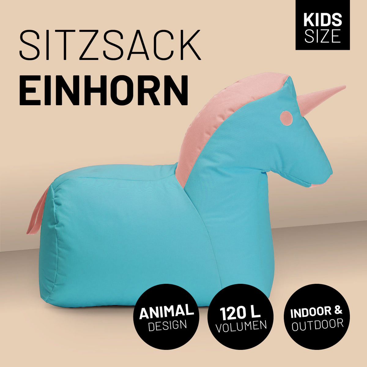 Kindersitzsack Animal Line Einhorn (120 L) in Türkis/Pastell Pink, weich, wasserabweisend, für drinnen und draußen, robust und pflegeleicht.