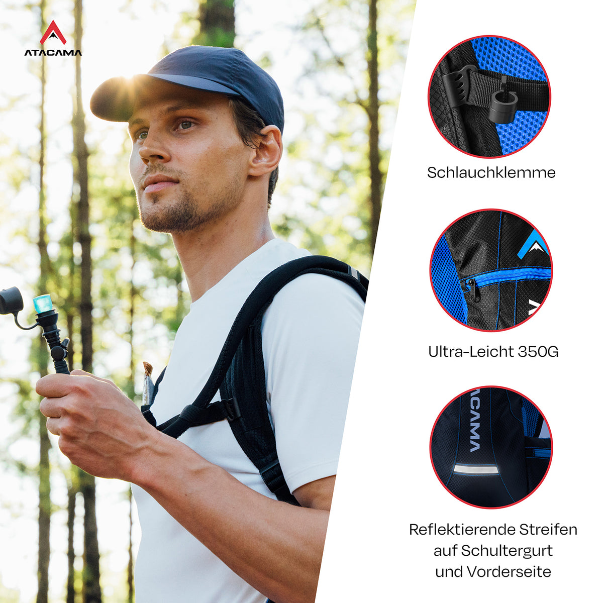 Mann im Wald trägt Trinkrucksack für 2 L Trinkblase - Blau mit Schlauchklemme, ultraleicht 350g und reflektierenden Streifen.