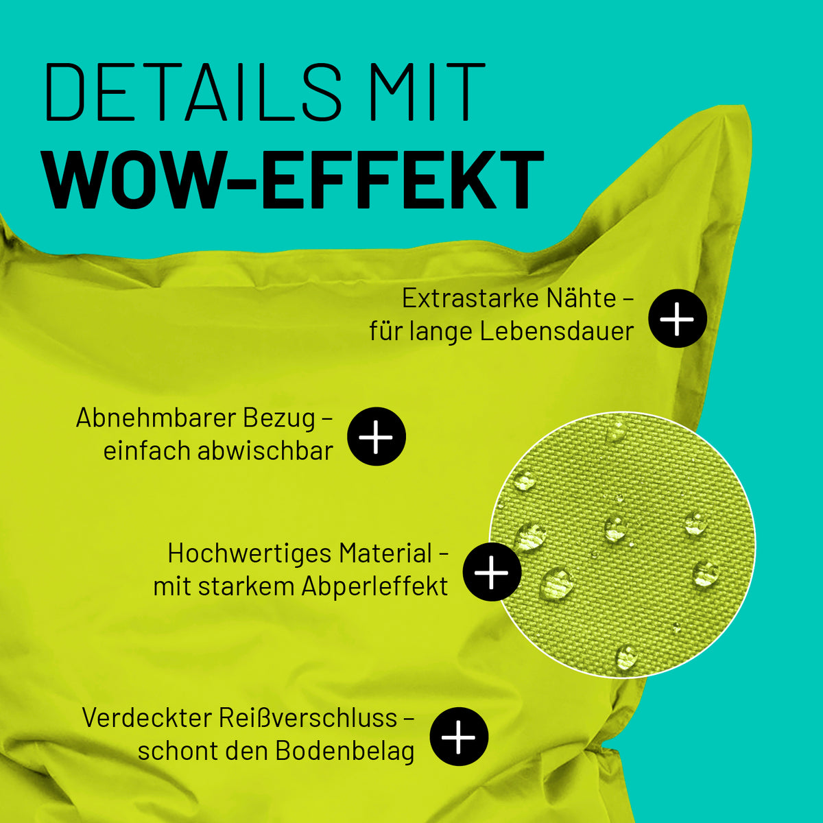 Sitzsack Classic XXL (380 L) Apfelgrün mit extrastarken Nähten, abwischbarem Bezug, Abperleffekt und verdecktem Reißverschluss.