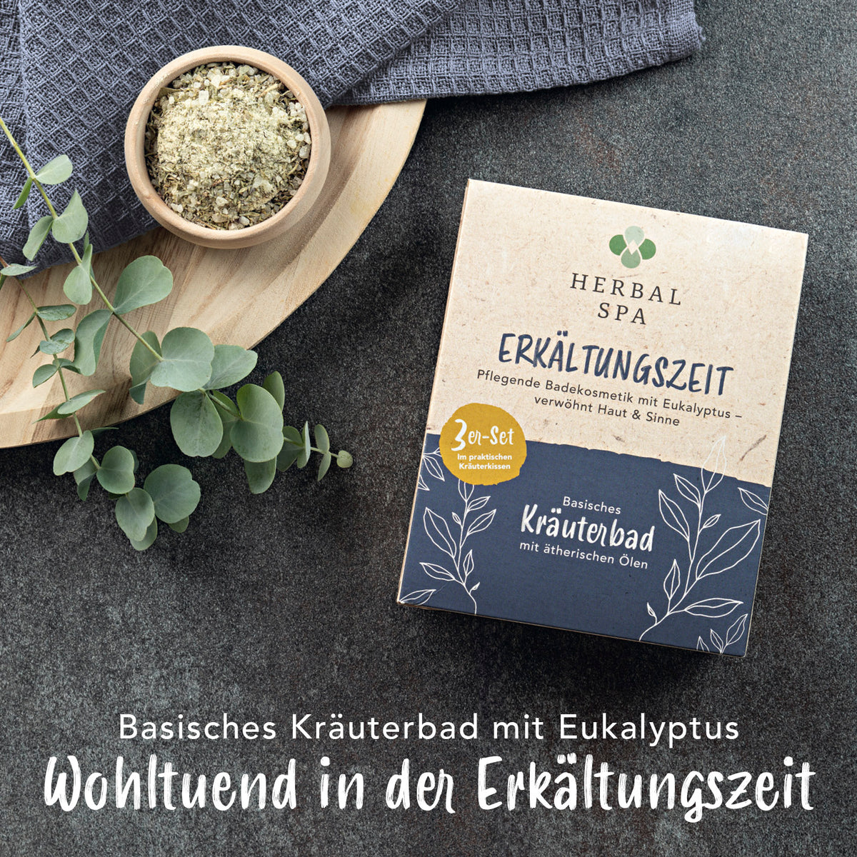 Basisches Kräuterbad mit ätherischen Ölen - Erkältungszeit & Entspannungszeit - 6er-Set für wohltuende Badekosmetik.