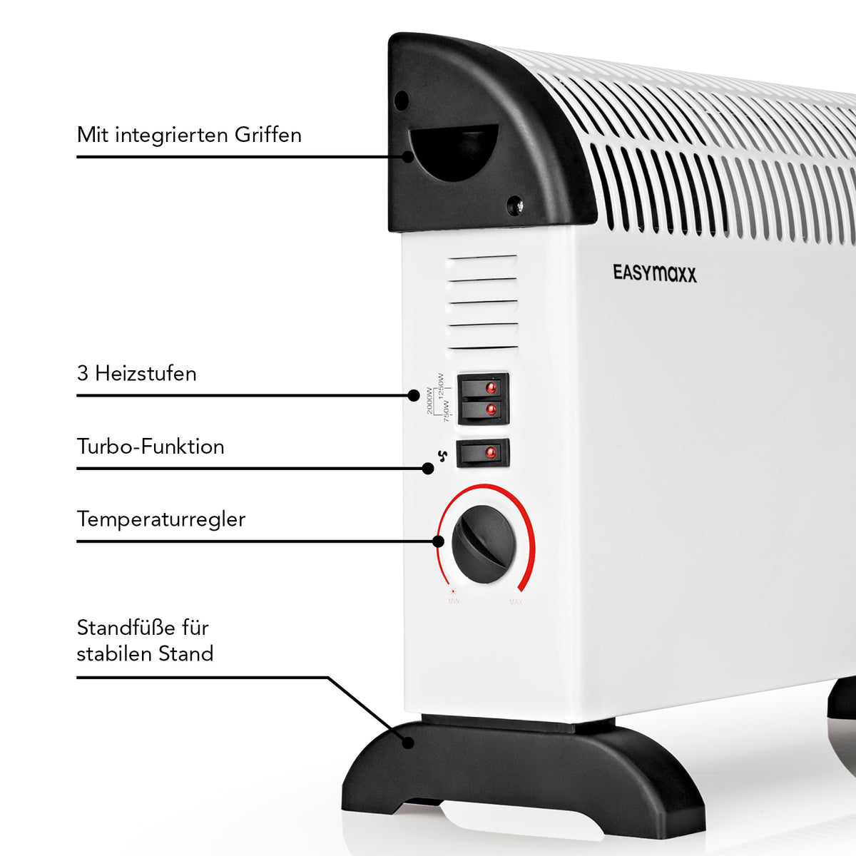 Heizkonvektor - weiß/schwarz mit 2000W, 3 Heizstufen, Turbo-Funktion, Thermostat, Griffen und stabilen Standfüßen.