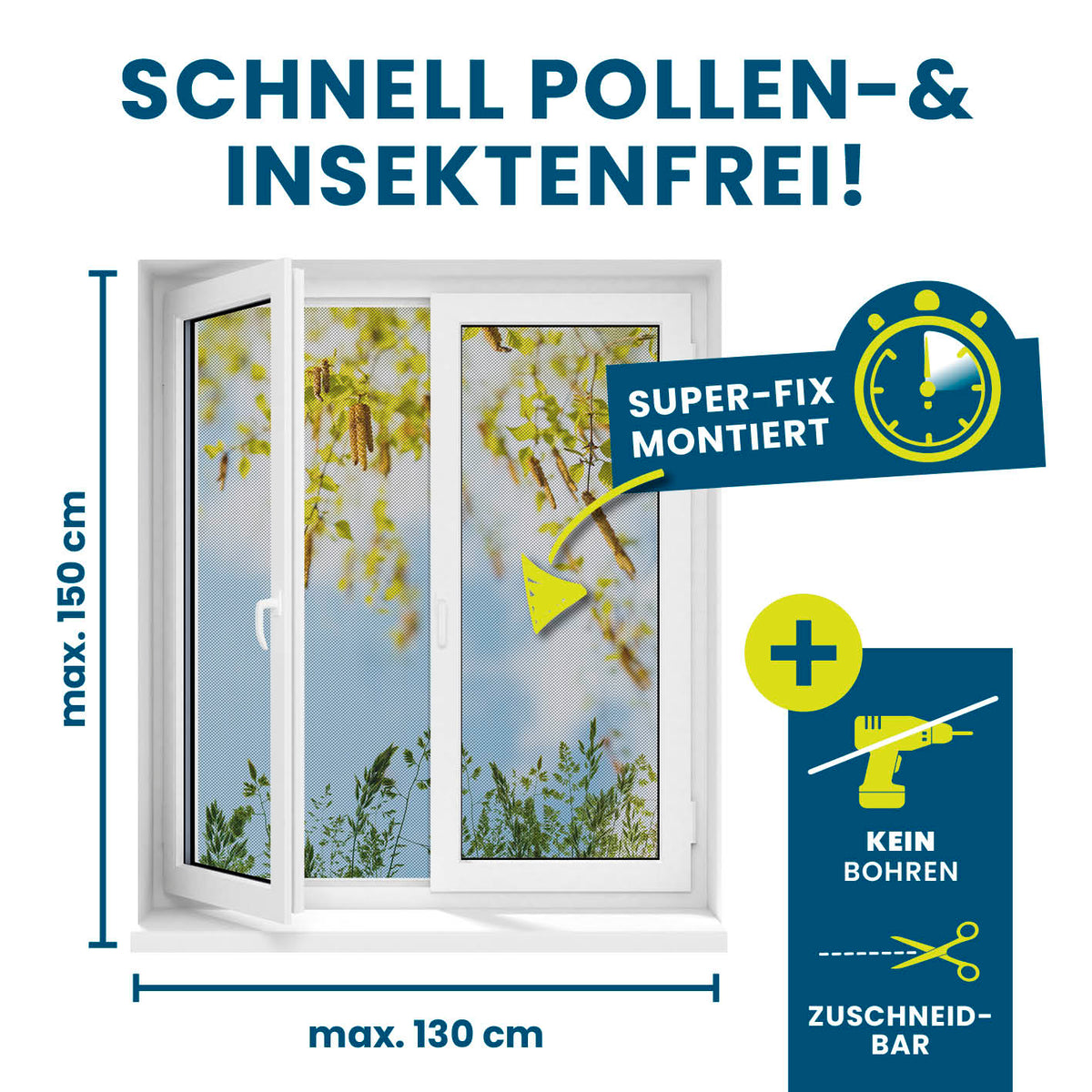 Insekten- & Pollenschutzgitter mit Magnetbefestigung, schnelles montieren ohne Bohren, schützt Fenster bis 130x150 cm vor Pollen und Insekten.