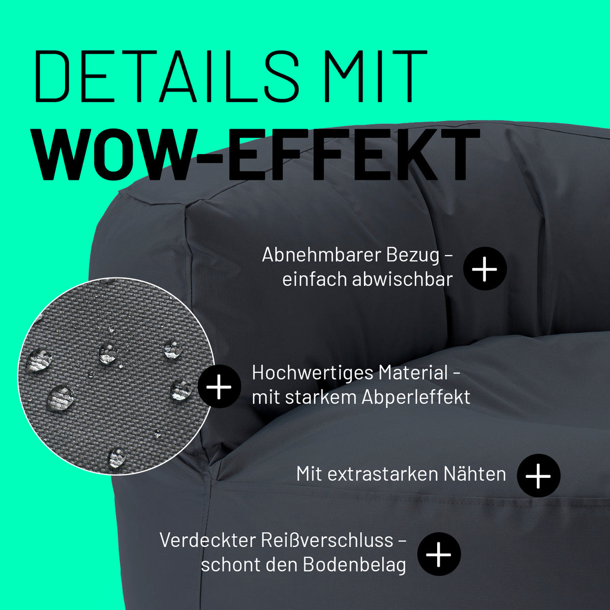 Sitzsack Lounge (320 L) Stahlgrau mit abnehmbarem Bezug, starkem Abperleffekt, extrastarken Nähten und verdecktem Reißverschluss.