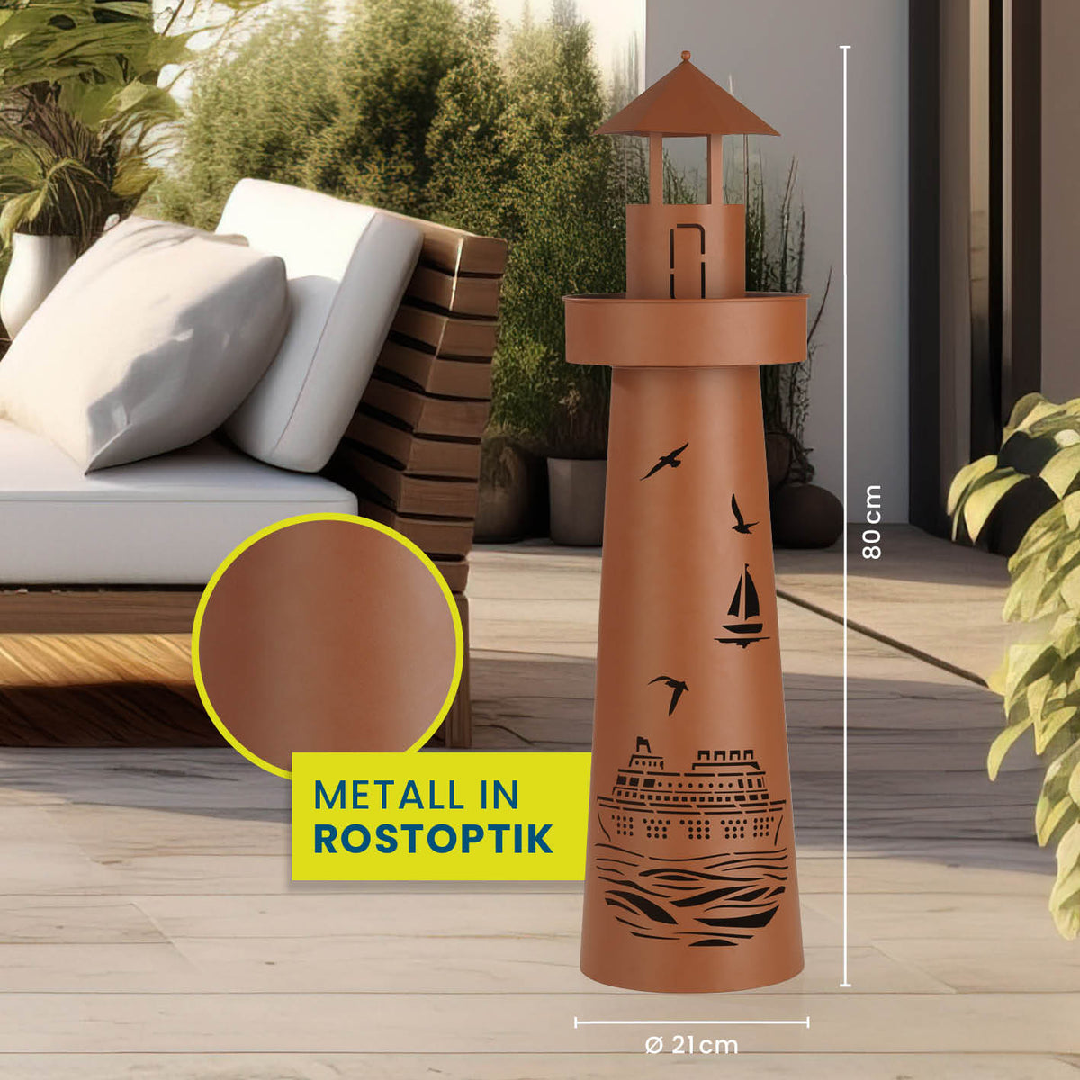 LED Deko-Leuchtturm in Rost-Optik, kabellos mit LED-Beleuchtung, bepflanzbare Plattform, maritimes Design, ideal für Garten und Terrasse.