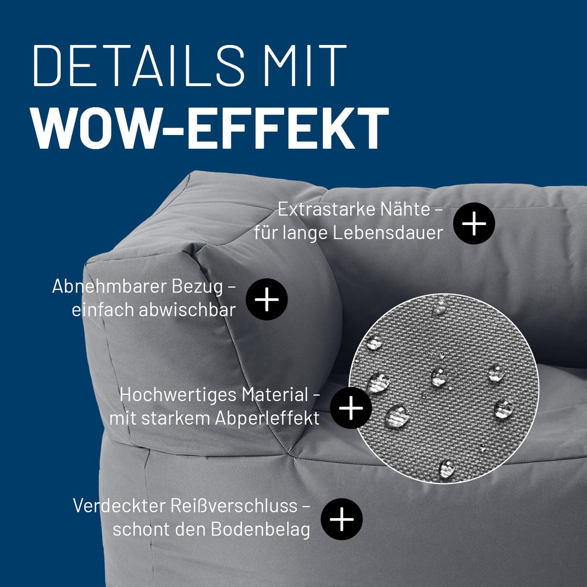 Sitzsack-Sofa Sessel (400 L) Grau mit abnehmbarem Bezug, extrastarken Nähten, verdecktem Reißverschluss und wasserabweisendem Material.