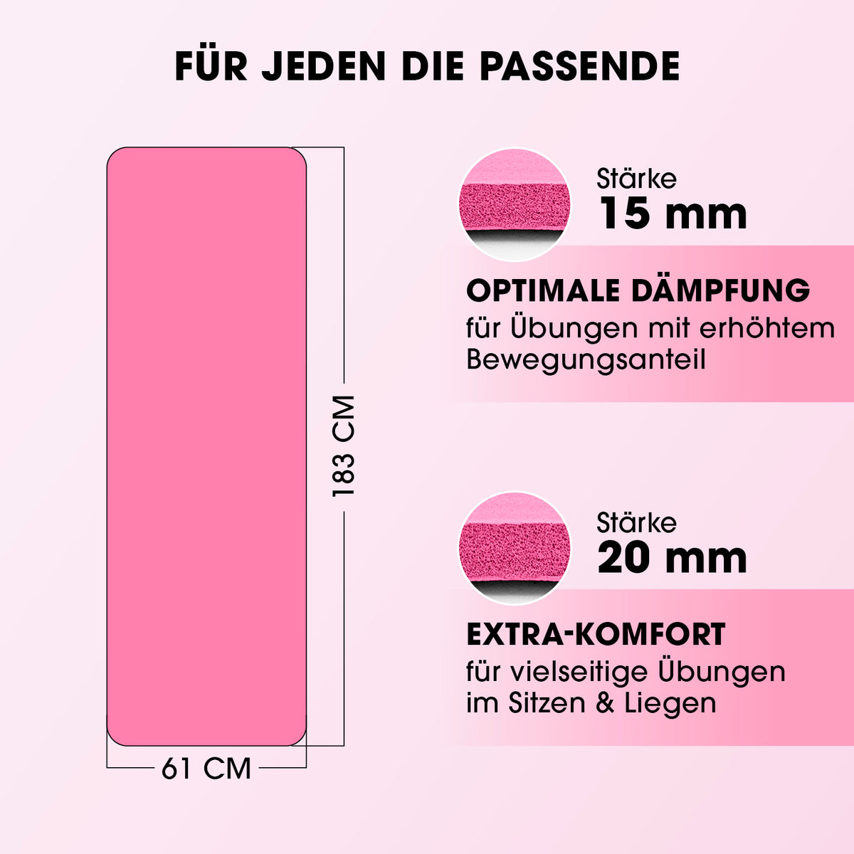 Fitness- und Gymnastikmatte - 183 x 61 x 1,5 cm - Pink mit optimaler Dämpfung und extra Komfort für vielseitige Übungen.