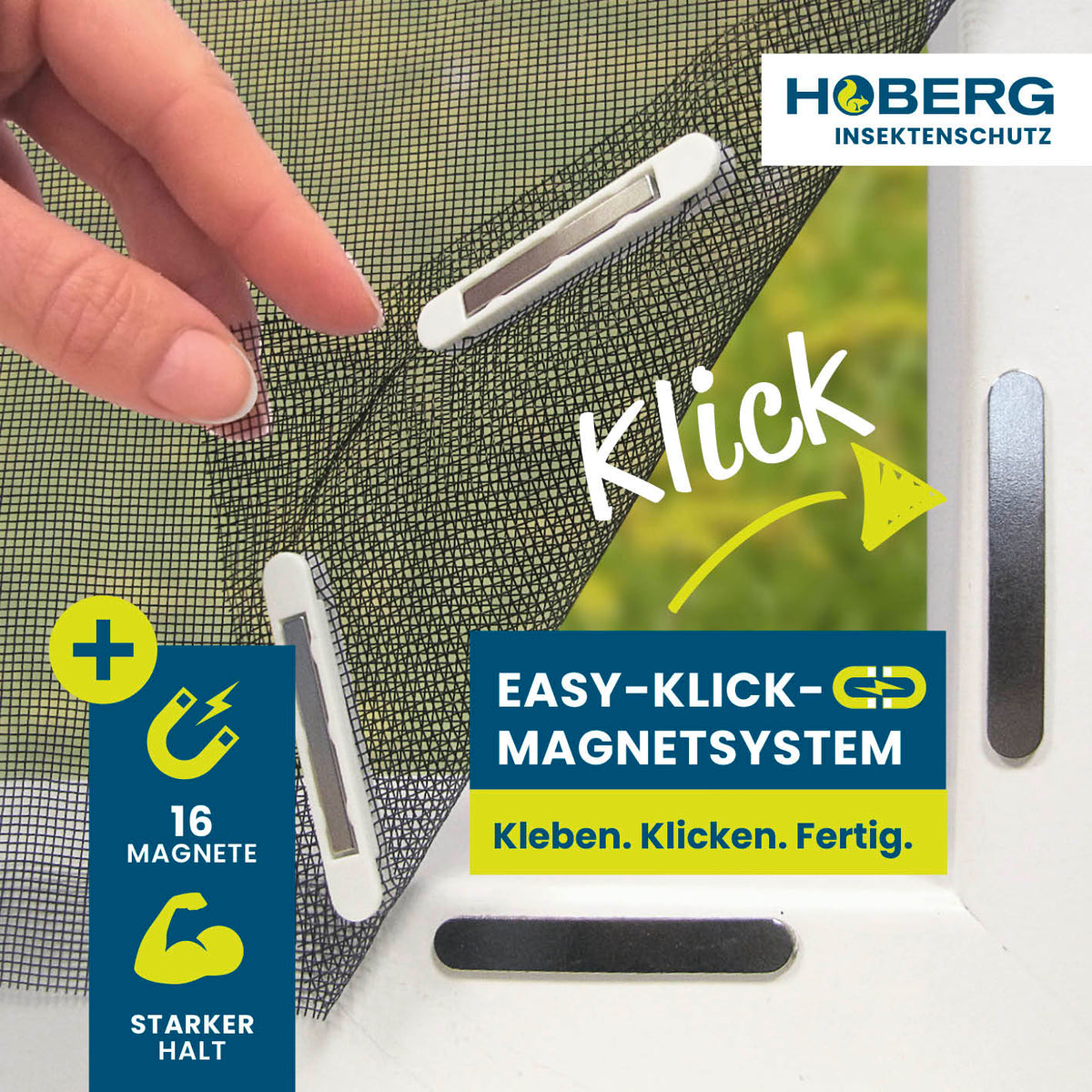 Insektenschutzgitter mit Magnetbefestigung 4er-Set mit 16 starken Magneten für einfache und rückstandsfreie Befestigung am Fensterrahmen.