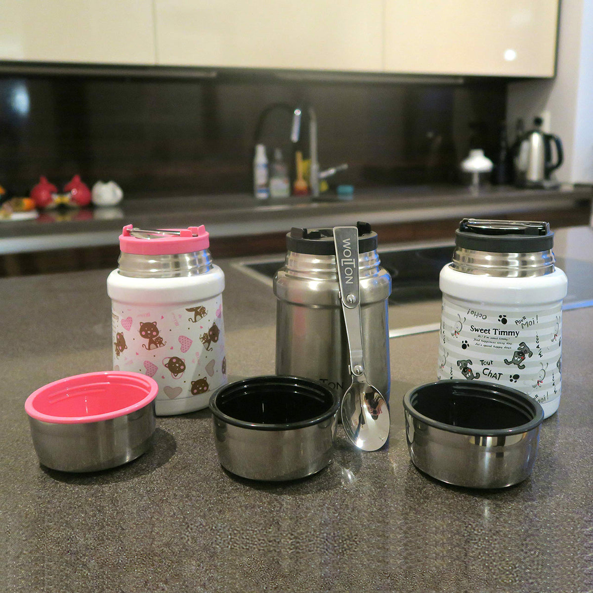 Thermobehälter 450 ml - Katzen/Rosa mit Edelstahl, Doppelwandisolierung, auslaufsicher und praktischem Löffel im Deckel.