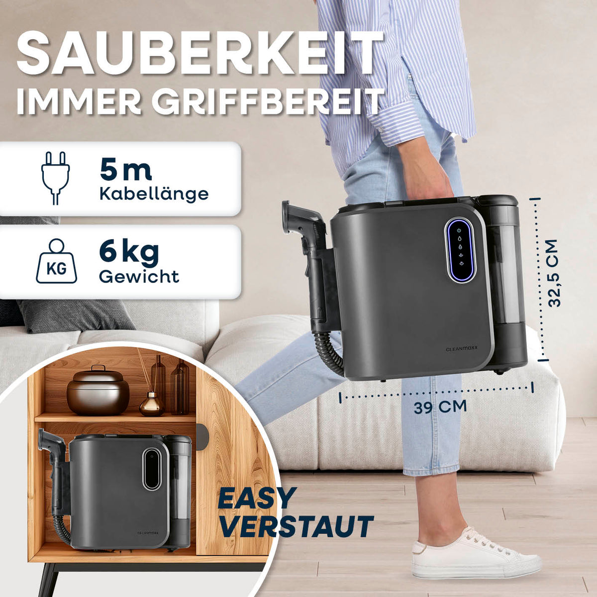 Polster- & Teppichreiniger Pro Steam mit 5 m Kabel, 6 kg Gewicht, kompakt und einfach verstaubar für gründliche Reinigung.
