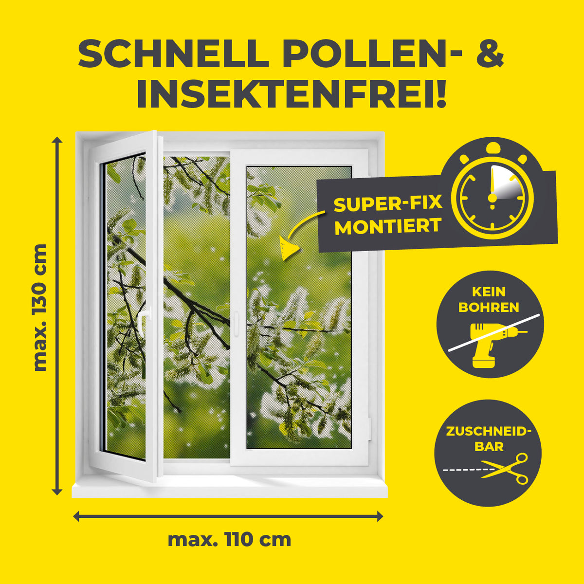 Insekten- & Pollenschutzgitter mit Magnetbefestigung - 4er-Set - 110x130cm - Schwarz, schnell montiert, zuschneidbar, kein Bohren nötig.