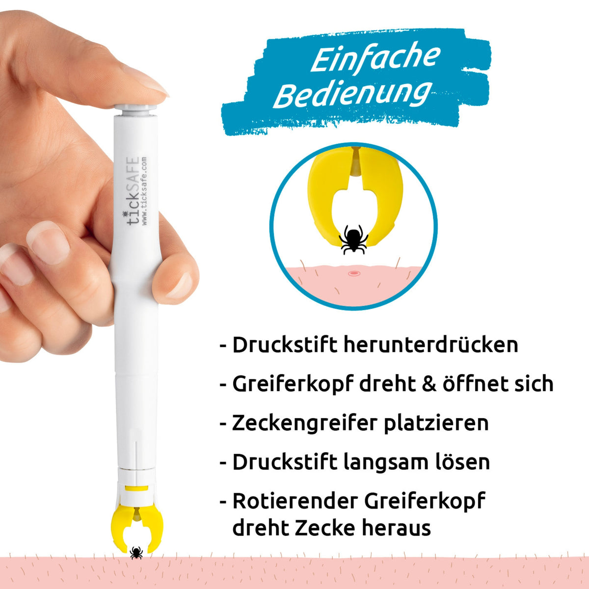 Zeckengreifer für Menschen mit rotierendem Greiferkopf entfernt Zecken schonend und einfach an schwer zugänglichen Stellen.