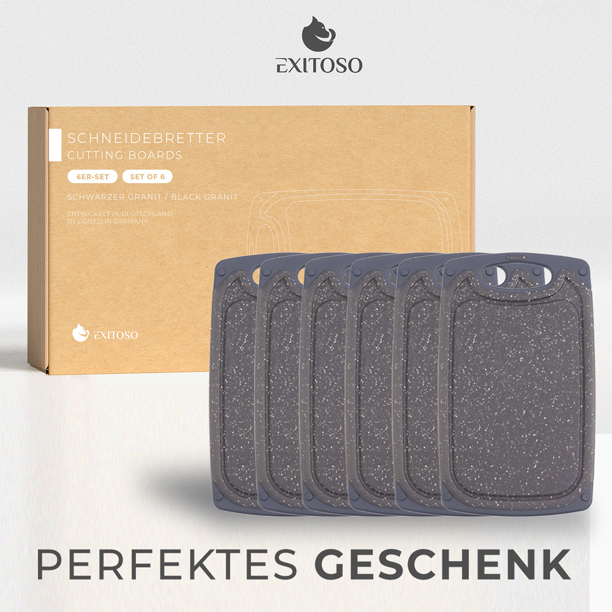 Frühstücksbrettchen - 6er-Set - Marmoroptik Schwarz, rutschfest, spülmaschinenfest, BPA-frei, vielseitig nutzbar mit praktischem Griff.