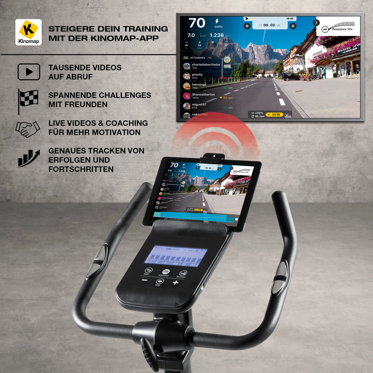 Heimtrainer Smart mit Kinomap-Kompatibilität für interaktives Training und individuelle Programme auf LCD-Display.